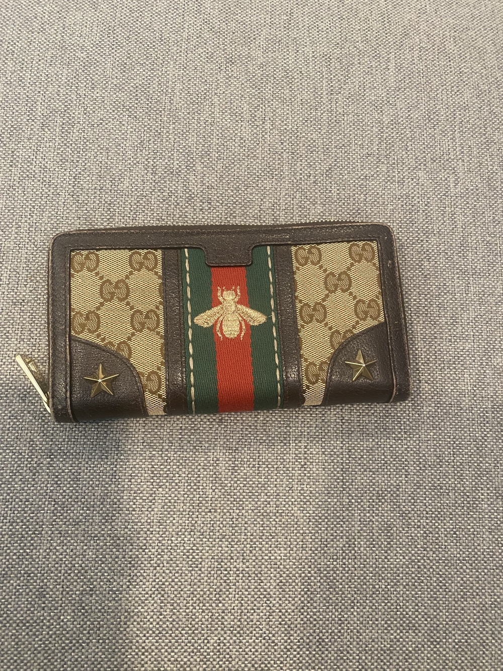 Gucci Brown/Tan Wallet with Green & Red Web Stripe and Bee Embroidery